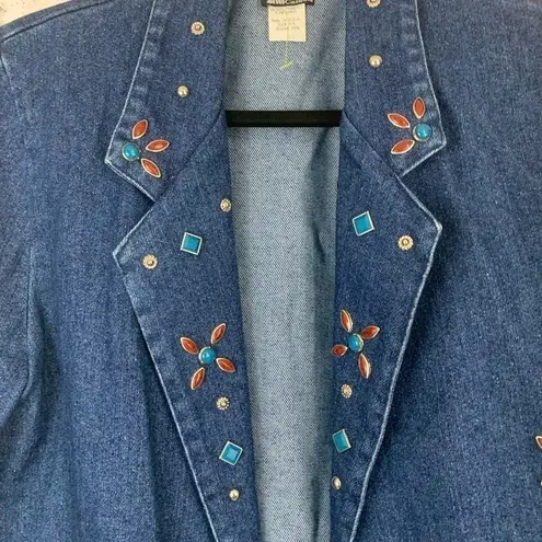 VINTAGE 80s Western Crackle Stone Embellished Denim Blazer Jacket Size 10 Blue