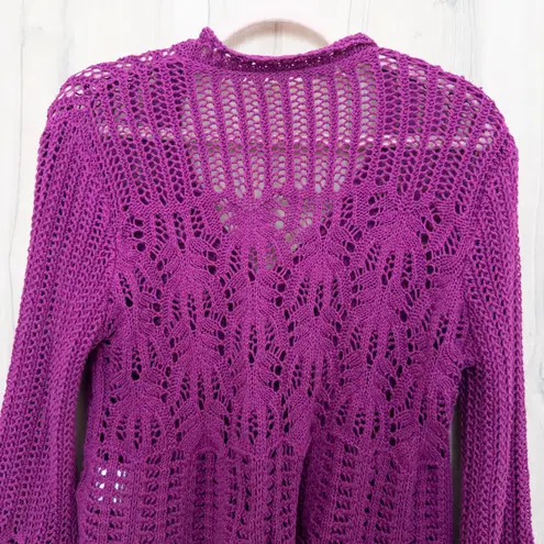 Y2K Womens Crochet Cardigan Size L Pink Boho Open Knit Retro Layering Cottage Size L