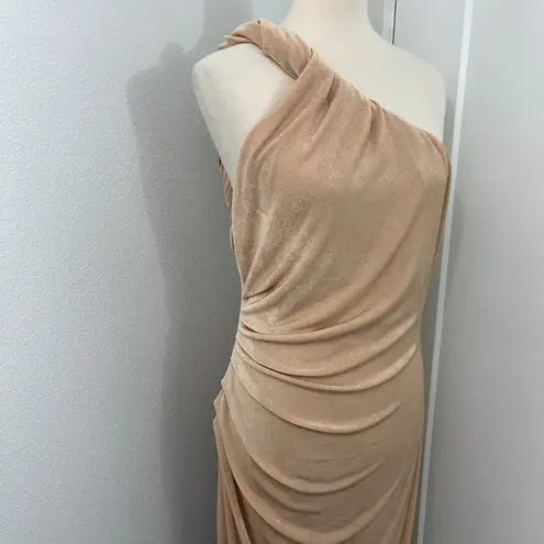 New Misha Size 12 Rose Gold Dune One Shoulder Ruched Midi Dress