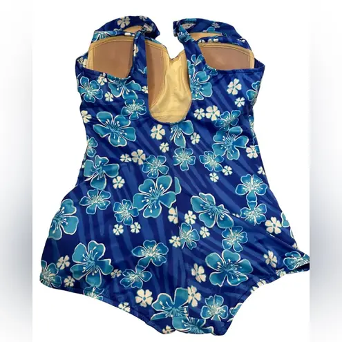 The Cove Le Vintage Blue Tropical Hawaiian Floral Striped One Piece Swimsuit Dress