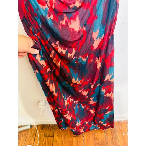 Ulla Johnson Red Green Abstract Boat Neck Side Ruched Livia Dress size Medium