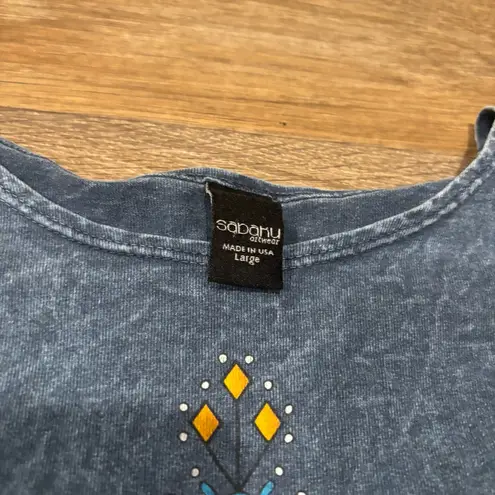 Sabaku Art Wear Blue Aztec Tunic Top L 100% Cotton Boho Southwestern Blouse Size L