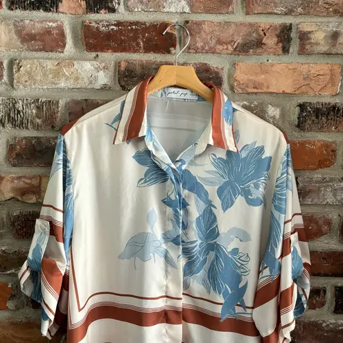 Petal and Pup Floral Satin Button Down Short Sleeve Blouse Top, 10