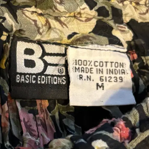 Vintage 90s Black Dark Floral Crinkle Maxi Skirt Pleated Semi Sheer Tie Waist Size L