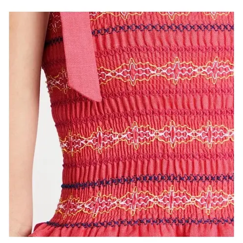 Cara Cara NYC Jenny Hibiscus Linen Smocked Tie Shoulder Midi Dress Size S