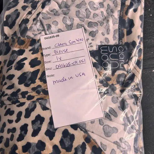 Clara Sun Woo Womens Blouse Size 1X Leopard Y2K Tunic Stretchy Knit Oversized Black