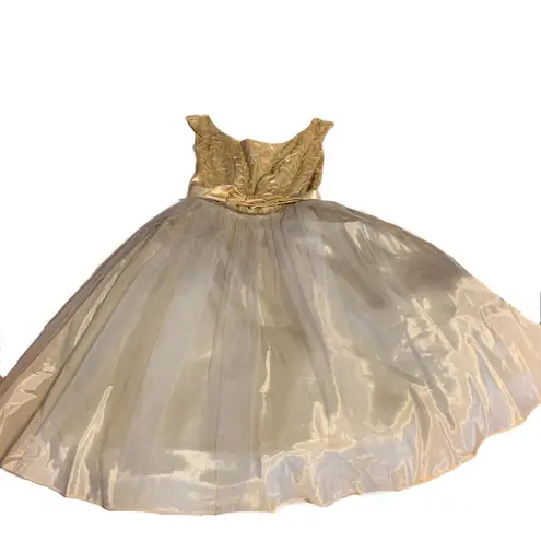 VINTAGE 1960’S CREAM SEQUINED FULL TULLE & SATIN SKIRT PARTY DRESS (S)