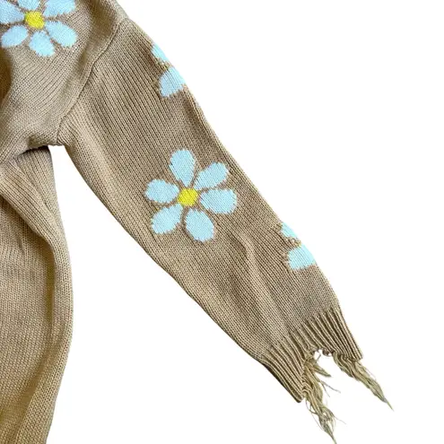 Just Polly New York Brown w/ Daisy Sweater SZ L Distressed V