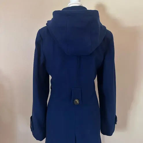 London Fog Women's Navy Trench Coat Sz L Wool Blend Hooded Winter preppy Jacket