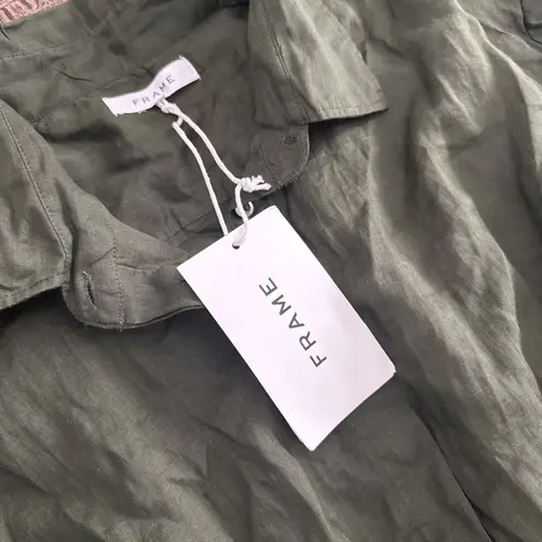 Frame Smocked Shirt Dress in Fatigue Green Puff Sleeve Shirtdress Size L