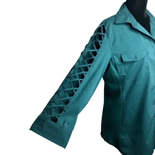Sharagano Teal Lattice Sleeve Knit to Fit Blouse - Size Medium