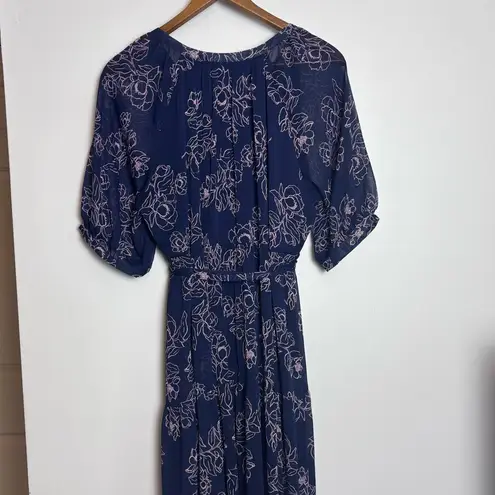Motherhood Maternity NWT Navy Blue Pink Floral Tiered Ruffled Midi Dress