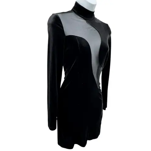 Bershka Black Mesh Cutout Velvet Bodycon Mini Dress Long Sleeve Size S