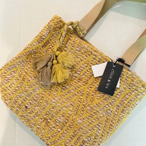 Chloe & Lex Woven Jute Tote Bag Women's 15" Tassels Pockets Snap Closure NWT Yellow