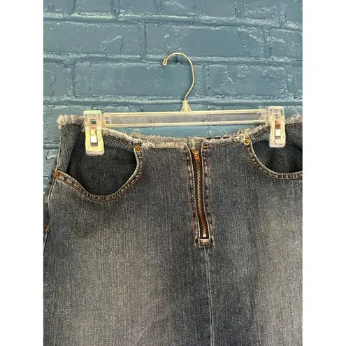 Candie's Denim Mini Skirt Frayed Hem Y2K Front Zip Pockets Blue