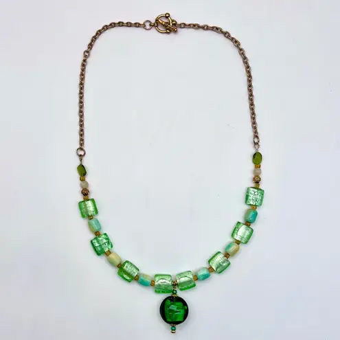 Handmade Green Art Glass Necklace Statement Beads Drop Pendant Toggle Clasp