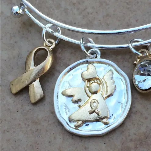Two Tone Cancer Ribbon Saved by Love Bangle Gold