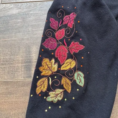 Vintage Quacker Factory Fall Autumn Sweater Embroidery Leaves Rhinestones Large Black