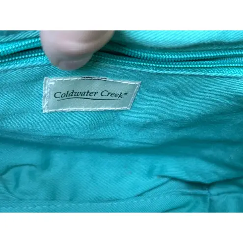 Coldwater Creek Woven Raffia Satchel Handbag Wood Handle Turquoise Green