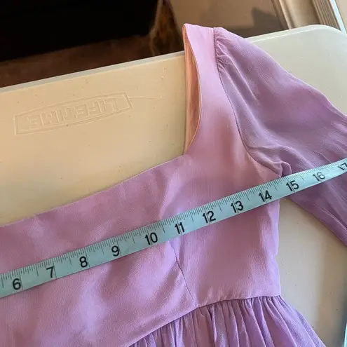 None Vintage Handmade 70s Purple Multi Tiered Pleated Sheer Sleeve Square Neck Dress