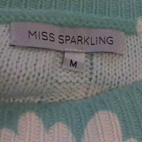Miss Sparkling Aqua Blue & White Daisy Print Openwork Pull Over Sweater Size M