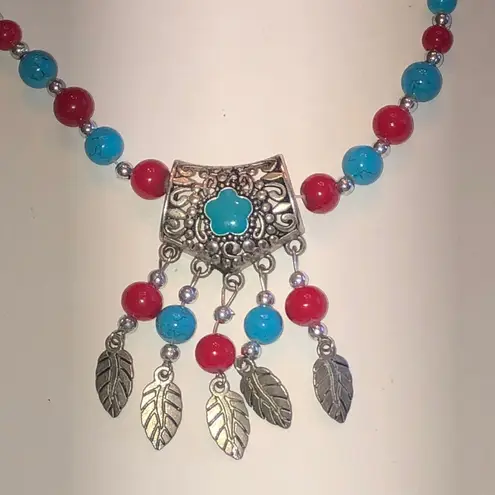 Turquoise Color and Red Beaded Boho Silver Tone Feather Necklace Blue