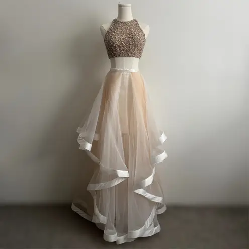 Terani Couture GLAMOUR by Beige White Beaded Tulle Two Piece Formal Prom Dress