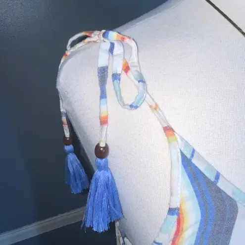Blue Island Multicolor Stripes White Boho Fringe Hem Tie Strap Summer Dress XL