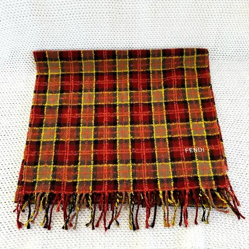 Fendi  Vintage Red Orange Yellow Black Plaid Soft Woven Fringe Long Scarf