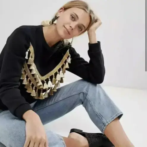 Glamorous  Black Sweatshirt with Gold Fringe Tassels Size Xs
