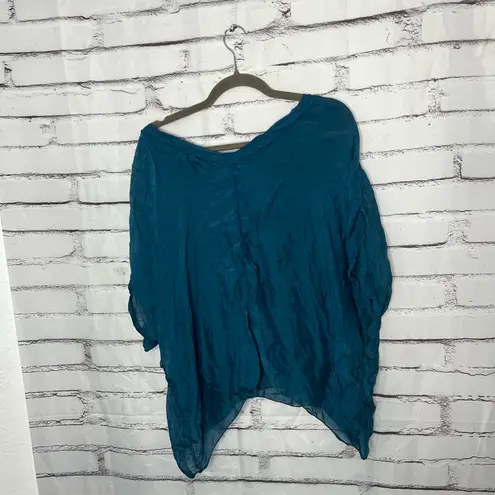 Tempo Paris Teal Crinkle V-Neck Tunic Top Women’s S Boho Oversized Asymmetrical