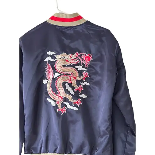CHRLDR 100% Satin Bomber Jacket with Embroidered Chinese Dragon Blue Size M