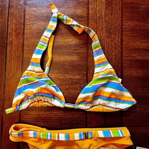 NWT Y2K Buzois Orange White Blue Stripe Halter Top Bikini Set Size Large