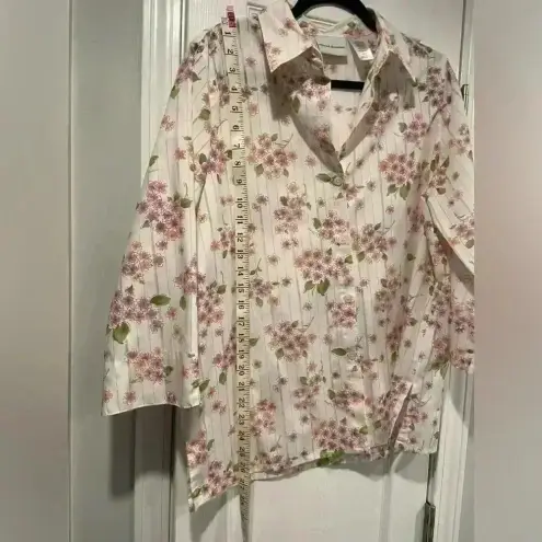 Alfred Dunner Floral Striped 3/4 Sleeve Collared Button Down Semi Sheer Size 14