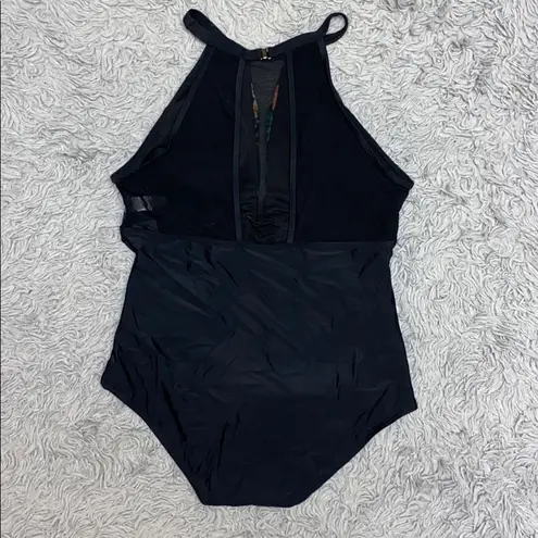 Tropical Swimsuit Black High Neck Mesh One Piece S Small New Green