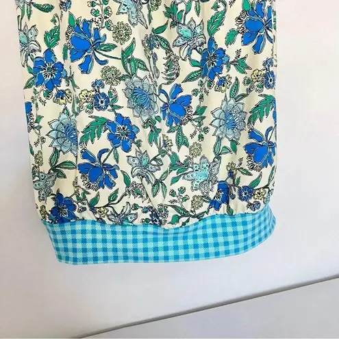 Lands' End Tankini Top Size 12 DD Blouson Lotus Floral/Gingham Swimsuit Blue