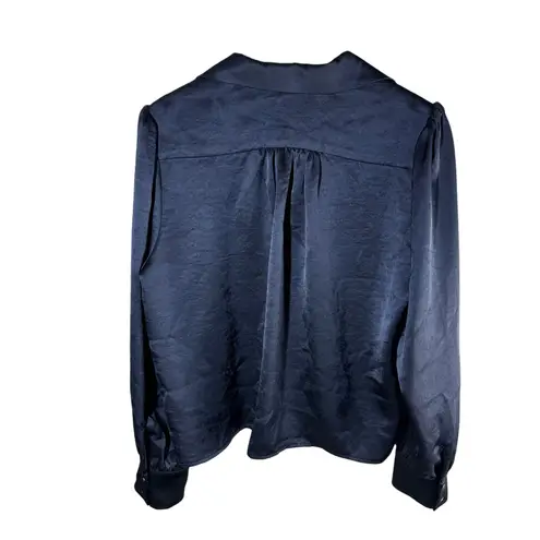 Karen Kane Shirred Blouse Navy Solid Collared Long Sleeve Button Front XL