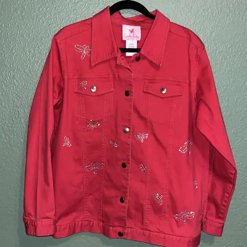 Quacker Factory Vintage jean jacket embellished with rhinestone dragonflies