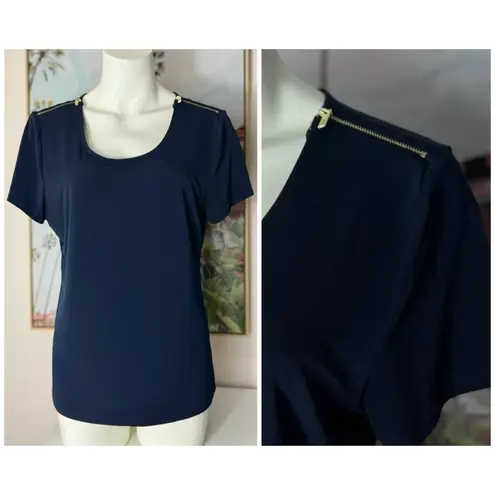 Carmen Marc Valvo  Navy Blue Zip Shoulder Short Sleeve Stretch Top Size Large
