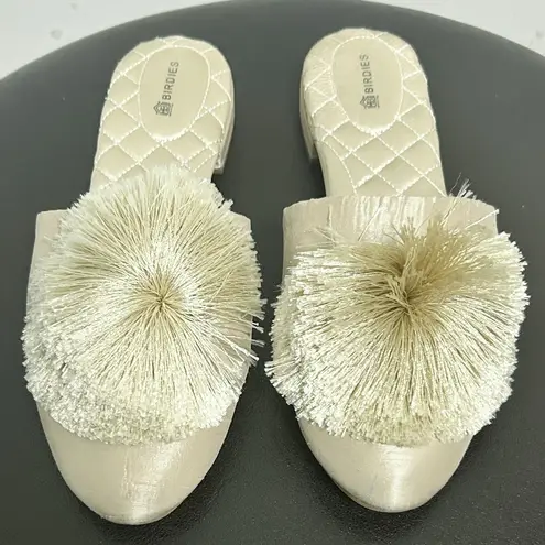 Birdies Champagne Pale Gold Dupioni Satin Pom Poms Songbird Slip On Mules 8.5