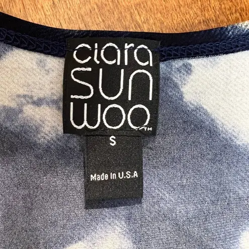 Clara Sun Woo Top Small Blue Green Gray Artsy Pattern Jersey Stretch 3/4 Sleeve