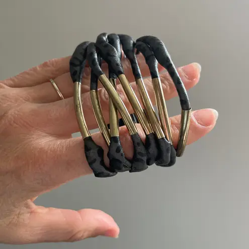 Chic Leopard Print Leather Cuff Bracelet with Gold Tone Metal Detail Boho Chic Black