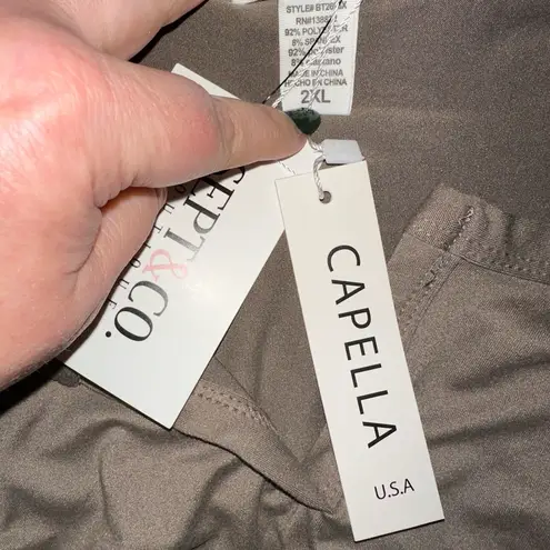 Capella Plus Size Dunkin’ Latte Long Sleeve Split Neck Linen Blend Bodysuit Tan