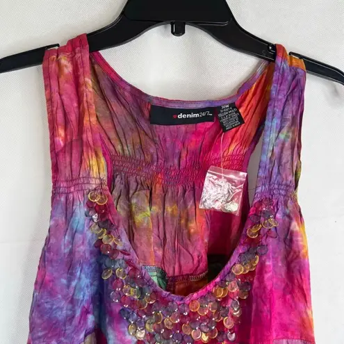 Denim 24/7 NWOT Rainbow Tie Dye Halter Flare Dress Colorful Beading Size 30W