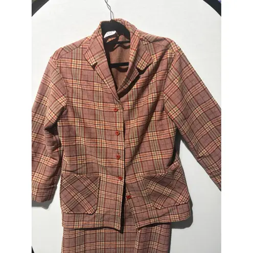 Vintage Plaid Blazer Skirt Set Womens 3 Piece Suit Pink Red Tan Classic Size M
