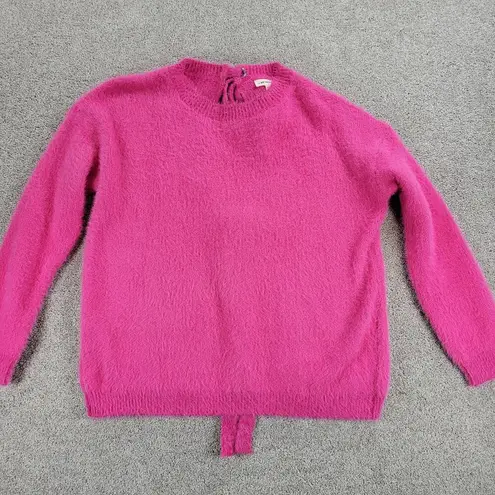 ee:some  Womens Back Tie Sweater Medium Pink Eyelash Faux Fur Ribbed Trim NEW