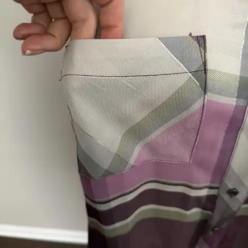 Christopher & Banks Shirt Button-Up Pockets Lightweight Plaid Sparkle Wine Grey