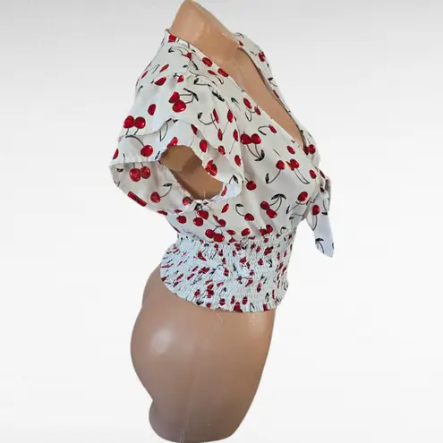 No Frills Los Angeles Cherry Print Tie Front Smocked Crop Top Women's Large Red