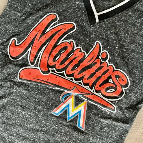 Marlins MLB Baseball Genuine Merchandise 2016 Gray Marled V Neck Bling Shirt Top