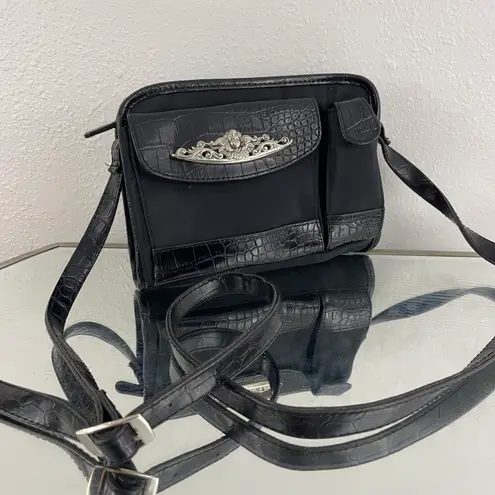 Vintage Y2K Black Faux Leather Croc Embossed Grunge Angel Cherub Crossbody Purse